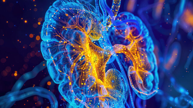 Energetic renal system, kidney glow, urinary tract illumination, nephron detail, fluid balance visualization