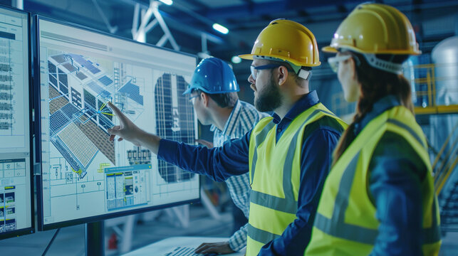 Team of engineers and architects brainstorming the integration of renewable energy into new building projects