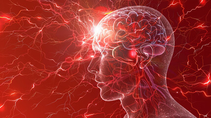 Migraine manifestation, throbbing cerebral arteries, pain signaling, stress effects on brain - obrazy, fototapety, plakaty