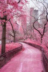 Road covered with beautiful and magical sakura flower petals in Japan, generative ai