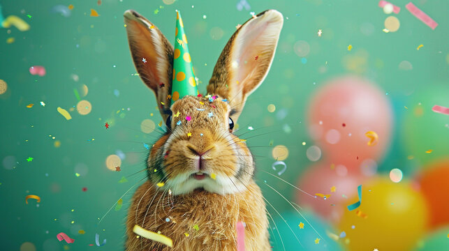 Fun-loving rabbit with polka dot bow, vibrant green background, party horns and confetti
