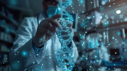 Genetic engineering scientists work with DNA, the human genetic code in a holographic virtual environment, modern genetic engineering