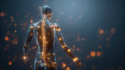 Luminous skeletal system, highlighted bones, joint articulation, bone density, glowing spine, anatomy education