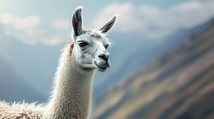 Obraz premium Lama portrait, Andean backdrop, detailed fiber texture, natural