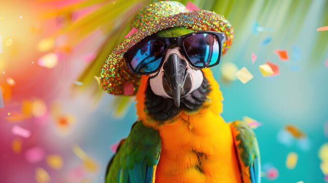 Flamboyant parrot with sunglasses, tropical hat, vivid colored background