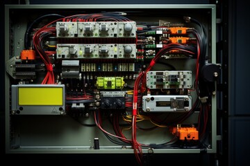 An in-depth look at the complex wiring and circuitry of a Ground Proximity Warning System (GPWS) set against an industrial steel gray background - obrazy, fototapety, plakaty