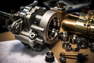 An intricately designed throttle body showcased against a backdrop of technical drawings and mechanical tools - obrazy, fototapety, plakaty