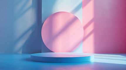 Pastel blue and pink round podium with gradients light and shadow for product display.