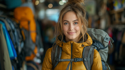 Young woman in outdoor equipment store. shopping