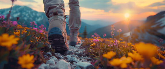 Close up on hiker boots hiking on the path covered with blossoming flowers in the mountains. - obrazy, fototapety, plakaty