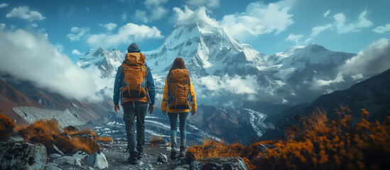 A young couple of thru hikers with big backpacks go towards the snowy mountains. - obrazy, fototapety, plakaty