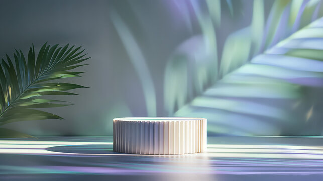 Round shape podium with light reflections and palm shadows on the pastel green backdrop. Background for product presentation.