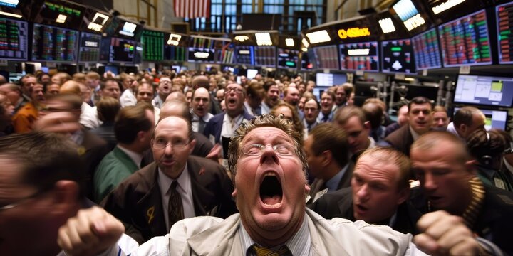 A busy stock exchange with traders everywhere, yelling to sell stocks