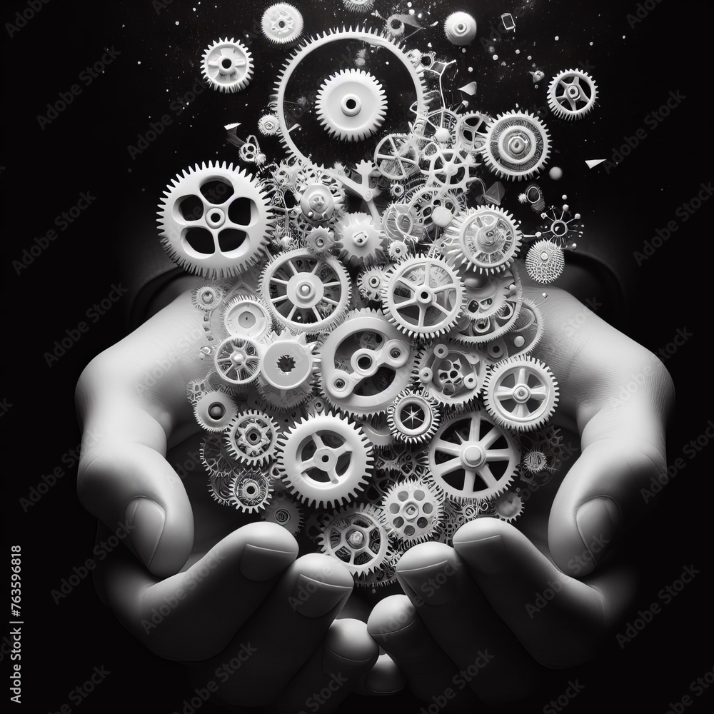 Poster black and white hands releasing a burst of gears into space, symbolizing innovation and creative thi