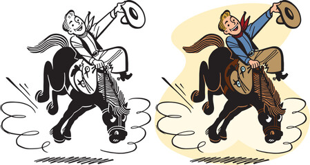 A vintage retro cartoon of a cowboy riding a bucking bronco.  - obrazy, fototapety, plakaty