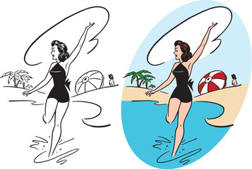 A vintage retro cartoon of a woman in a swimsuit running into the water at the beach.