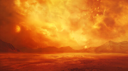 The surface of the planet is orange, and there's an epic firestorm in front. In the distance behind them were mountains made up of yellowish sand dunes.