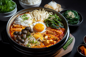 Korean style hot pot, with mushrooms and various vegetables in the bottom of the bowl, rice on top, kimchi next to it, sunny side up egg at one end