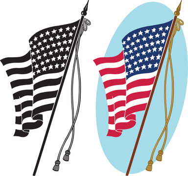 An illustration of an American flag waving in the wind.