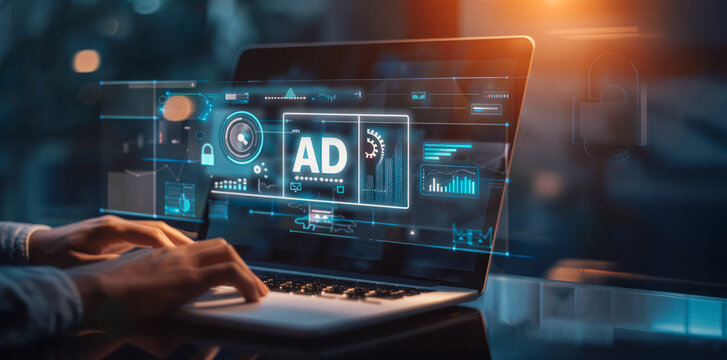 Person typing on laptop, ad icon floating above keyboard displaying graphs and "AD" text. Gray ad icons emphasize digital marketing, another screen shows traffic growth data.