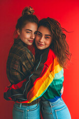 Lesbian couple hug with young women