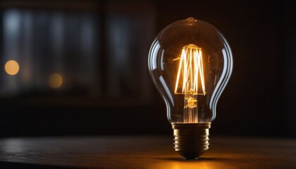 A single vintage-style filament bulb stands out with its gentle, soothing glow. Positioned on a wooden surface, it juxtaposes the warmth of light against the room's soft ambiance. AI generation - obrazy, fototapety, plakaty