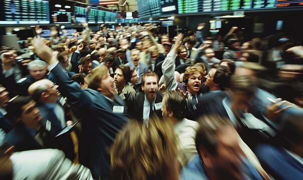 A busy stock exchange with traders everywhere, yelling to sell stocks