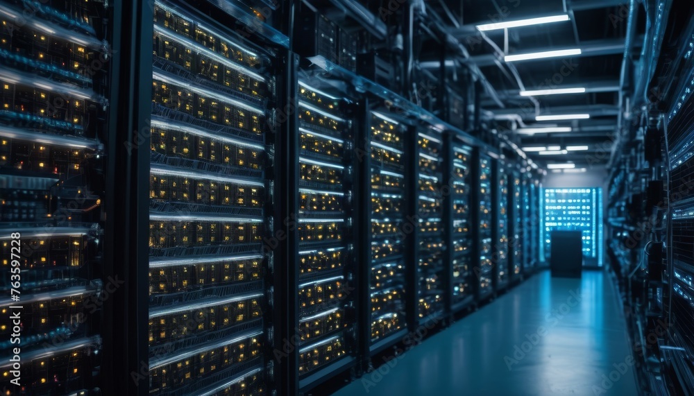 Poster rows of server racks line a corridor in a data center, glowing with blue led lights. the clean, mode