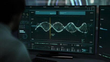 The doctor is working on the computer. Medical Research Laboratory. The DNA strand is being analyzed. It is spinning on the screen with the line passing through it. Data processing. User Interface. - Powered by Adobe