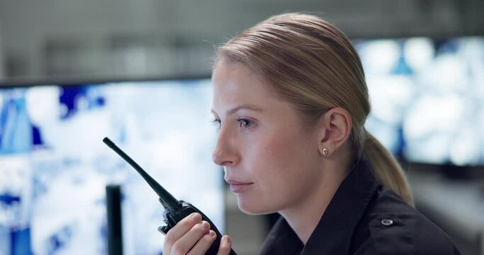 Woman, walkie talkie or talking with cctv monitor for protection, security service or building safety. Face, video surveillance agency or female guard in control room with footage or camera for crime