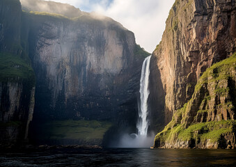 A waterfall is flowing into a lake in front of a mountain. The water is misty and the sky is cloudy
