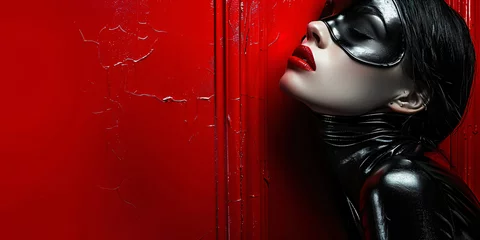 Fotobehang futuristic woman dressed in dark latex with black eye mask © Riverland Studio
