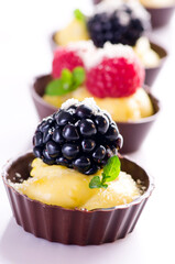 Traditional German chocolate tartlets with vanilla pudding and fruits in a chocolate bowl