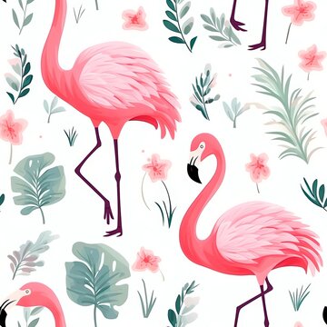 Seamless pattern of pink flamingos and palm leaves on a white background. Summer beach design. Can be used for printing on fabric, notebooks