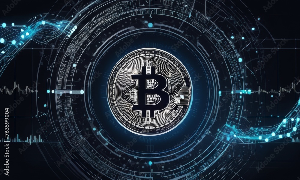 Poster the iconic bitcoin set against a backdrop of intricate digital orbits and data analysis. it represen