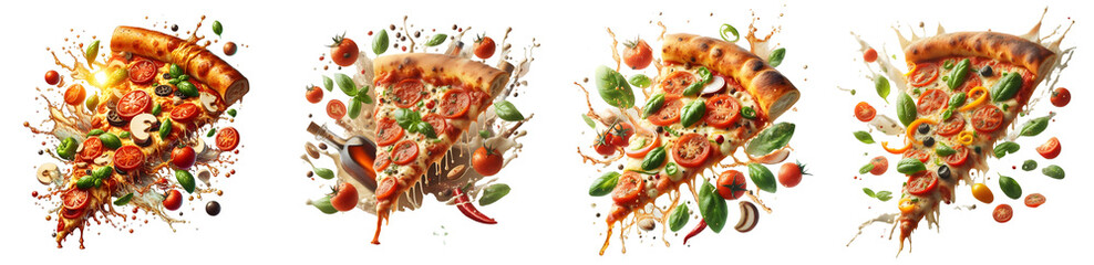 cheese pizza basil splash isolated png - obrazy, fototapety, plakaty