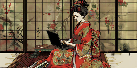 japanese doll in kimono with laptop