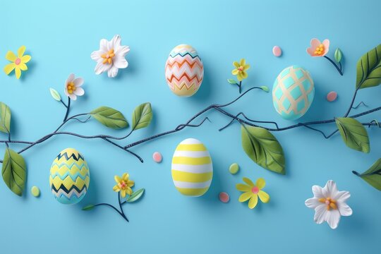 Colorful Easter eggs and spring flowers on blue background