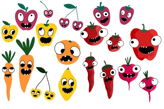 Cartoon set fruit and vegetable with strawberry and carrot and tomato and orange and cherry and apples