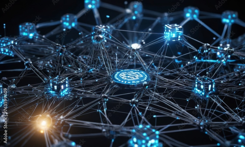 Poster digital nodes connected by luminous lines encircle a glowing cryptocurrency coin symbol. the represe