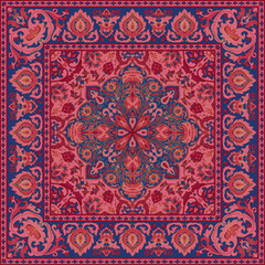 Oriental vector carpet design. Colorful vintage square pattern with frame. Ornamental floral background for textile, rug, tapestry. - 763599655