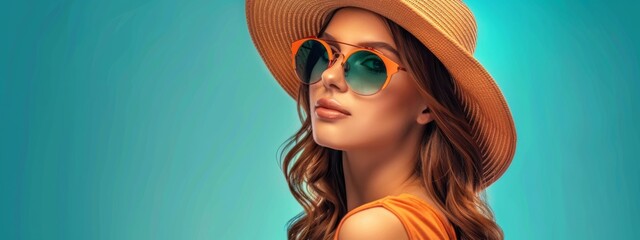Attractive lovely young woman in sunglasses and hat standing over blue background. Summer accessories. Summer concept.  