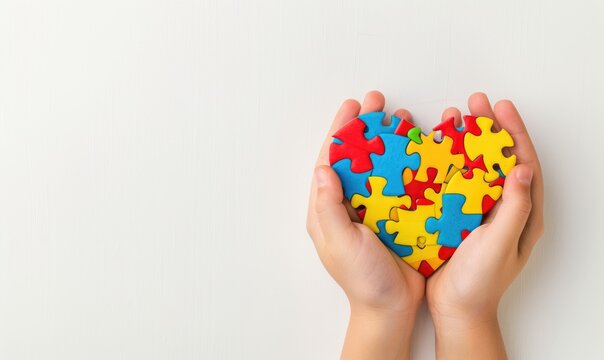 Child hands holding heart shaped colorful puzzle