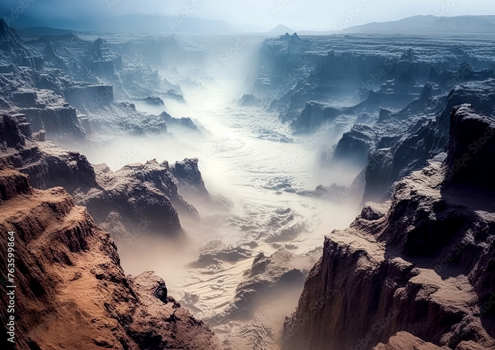 Poster a desert landscape with a river running through it. the sky is cloudy and the sun is barely visible