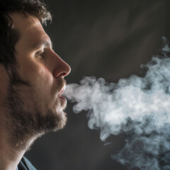 Close-up of a young man exhaling smoke, captured against a dark background with the smoke artfully diffusing in the air. - obrazy, fototapety, plakaty