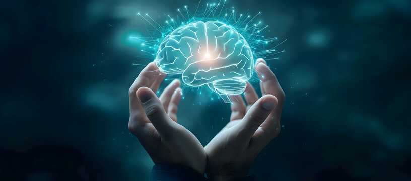A hand holding a holographic brain represents futuristic thinking and innovation. The bright, glowing brain icon floats above the hand, symbolizing creativity, and mind control.