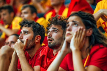 A group of male and female Spanish football fans sit in the stadium with very sad faces and distressed expression and Hands clasped together desperately over her heads after losing the game 