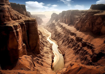 A river runs through a canyon with a rocky, desert landscape. The canyon is deep and narrow, with steep cliffs on either side. The sky is cloudy, and the sun is low on the horizon. The scene is serene - Powered by Adobe