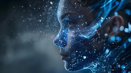 Blue Faced Woman and Alien in Technological Marvels, To provide a visually captivating and imaginative representation of technology and the future in