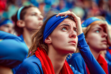 A group of male and female French football fans sit in the stadium with very sad faces and distressed expression and Hands clasped together desperately over her heads after losing the game